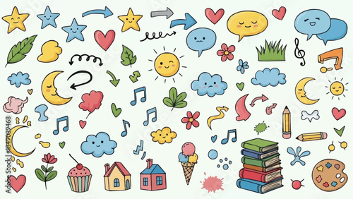 Collection of Cute Doodle Icons and Symbols for Creative Projects.
