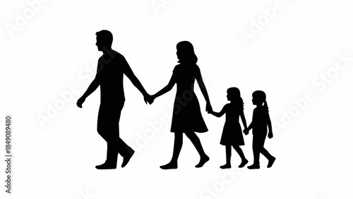 Silhouette of a family walking together holding hands.
