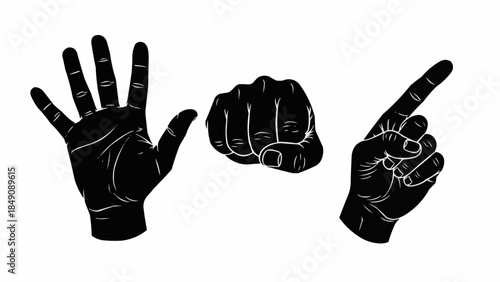 Set of three black and white hand gestures including an open palm a fist and a pointing finger.