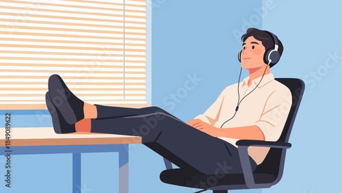Man relaxing with headphones in office