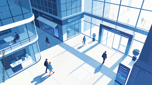 Modern office building with people