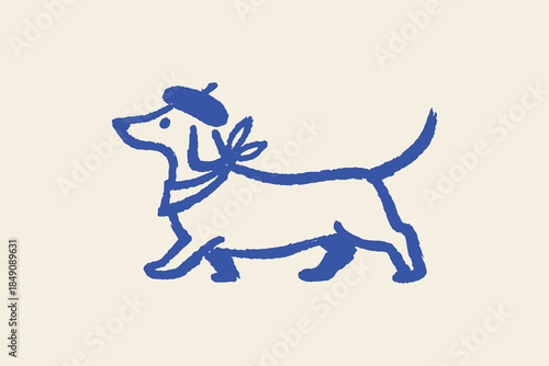 French Dachshund in Beret Minimal Cartoon Vector Illustration	