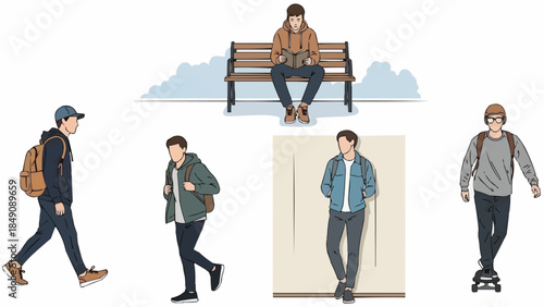 Collection of young men in casual urban fashion and activities.