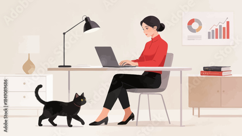 Woman working at desk with cat