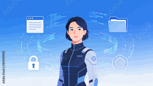 Woman in futuristic suit with digital icons
