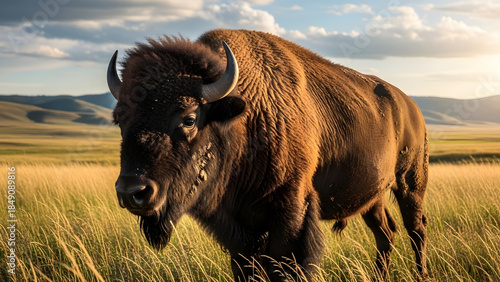 Majestic american bison standing in tall grass at sunset in a prairie landscape