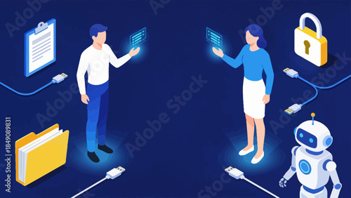 Two people with digital icons and a robot