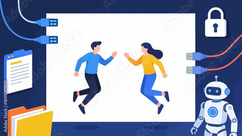 Two people running with robot and cables