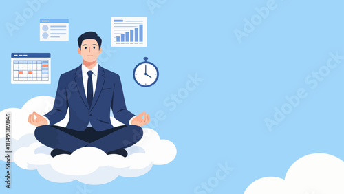 Businessman meditating on cloud
