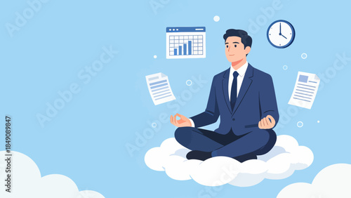 Businessman meditating on cloud