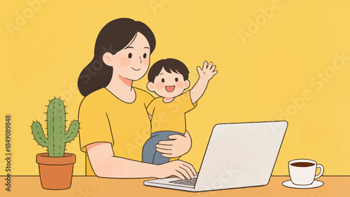 Woman holding child at laptop