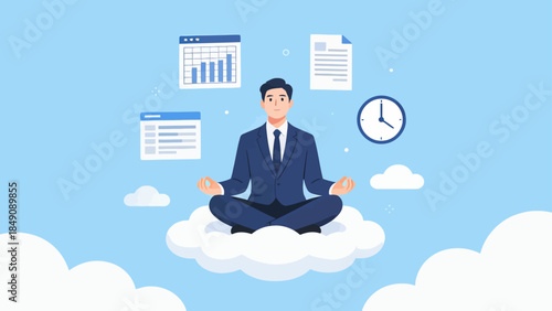 Businessman meditating on cloud