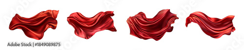 set of Flying red silk fabric. Ai. Waving satin cloth isolated on transparent background 