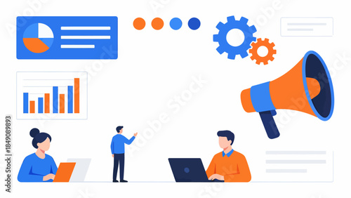 Business team with data charts and megaphone