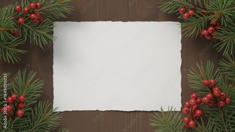Obraz premium Christmas background with blank paper for text and pine branches with red berries on wood