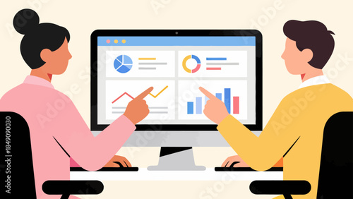 Two people analyzing data on computer