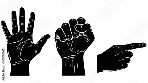 Collection of three black and white hand gestures isolated on white background.