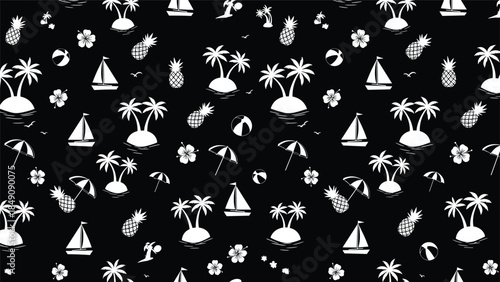 A black background with a pattern of white tropical icons including palm trees, sailboats, and flowers.