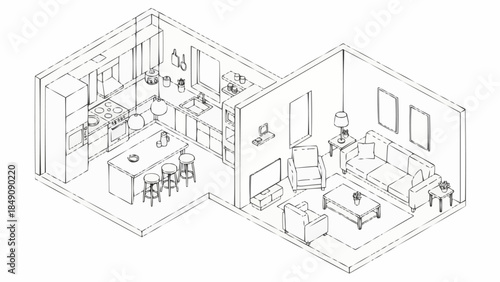 Modern Apartment Interior Design Sketch with Kitchen and Living Area.