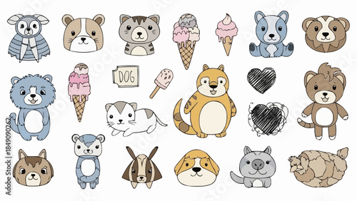Collection of Cute Cartoon Animals and Ice Cream Cones.