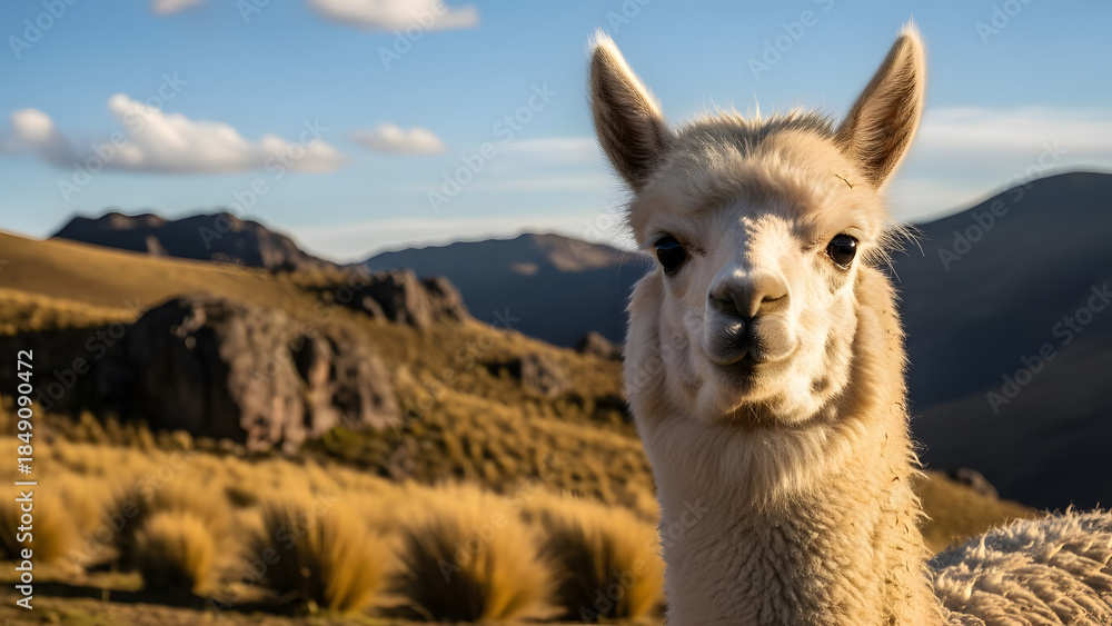 Obraz premium Closeup portrait of a cute alpaca in the sunny andes mountains