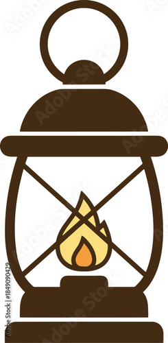 Vintage kerosene lantern icon with glowing flame, classic camping and emergency oil lamp, isolated flat vector illustration on white background