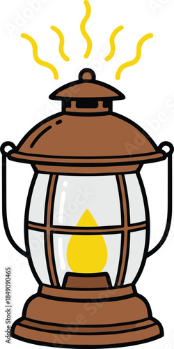 Vintage kerosene lantern illustration with glowing yellow flame, classic camping and emergency oil lamp, isolated cartoon vector on white background