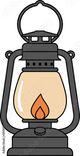 Vintage kerosene lantern illustration with warm glowing flame, classic camping and emergency oil lamp icon, isolated flat vector on white background