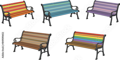 Colorful wooden park bench collection in modern flat illustration style, outdoor public seating furniture set, isolated vector on white background