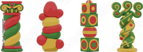 Abstract decorative totem and column sculptures with colorful folk art patterns, playful ornamental shapes set, isolated flat vector illustration