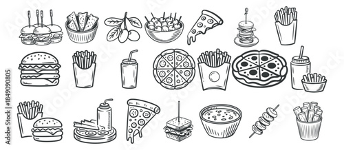 Fast Food and Snack Illustration Set in Black and White