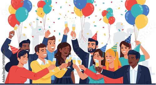 Celebrating diverse group of people toasting with champagne under confetti and balloons