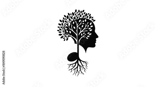 Black silhouette of human head with tree growing out of it, symbolizing growth and harmony with nature, eco-friendly concept