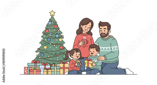 A happy family celebrates the festive season, children unwrapping presents with loving parents by a decorated Christmas tree, symbolizing warmth, joy, and togetherness