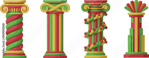 Colorful Decorative Classical Columns Illustration Set Isolated on White Background Festive Ornament Style Vector Design Collection