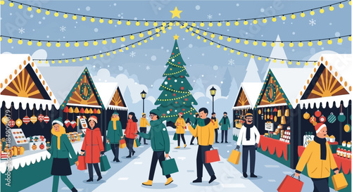 Vibrant outdoor Christmas market scene, bustling with people shopping for gifts and enjoying the festive winter wonderland atmosphere under gently falling snow and twinkling lights