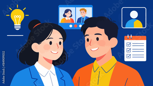 Two people in a video call with icons