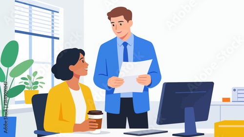 Office workers discussing document