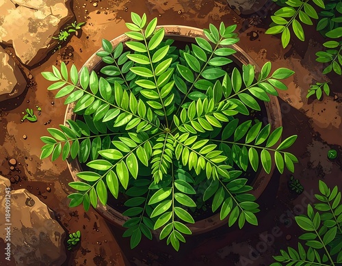 Aerial view of a potted plant with leafy green foliage surrounded by rocky brown soil and bright sunlight