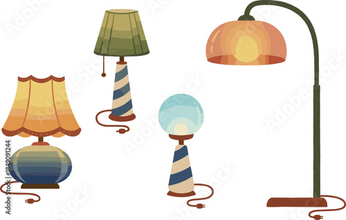 Vintage Style Table And Floor Lamps Illustration Set With Warm Colors Isolated On White Background For Interior Design