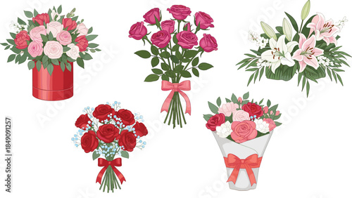 Luxury flower bouquet collection with red roses pink blossoms and white lilies in boxes and vases vector illustration.