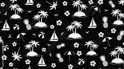 Tropical islands with palm trees and sailing boats pattern