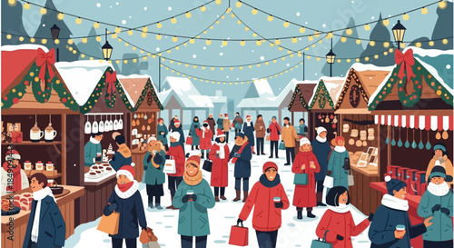 A vibrant festive winter market scene, bustling with joyful people browsing charming decorated stalls under a sky of gently falling snow, capturing the cheerful holiday spirit
