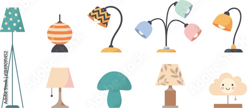 Cute And Modern Table And Floor Lamp Illustration Set With Colorful Lampshades And Playful Designs Isolated On White Background