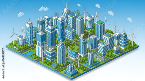 Isometric illustration of a modern, sustainable smart city with skyscrapers and renewable energy sources.