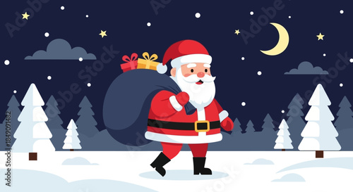 Jolly Santa Claus delivers festive presents on a serene winter night, walking through a snowy forest under a crescent moon, spreading holiday cheer and the spirit of giving