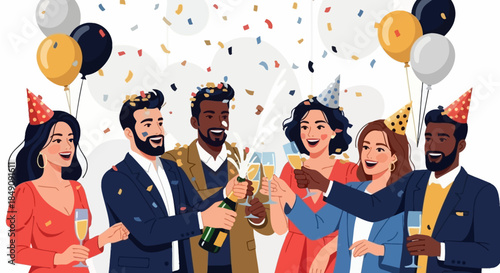Diverse group of happy friends and colleagues celebrating a joyful occasion with champagne and confetti, toasting to success and happiness at a festive party or special event