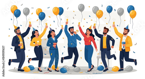 A Diverse Group of Colleagues Celebrating a Success with Confetti and Balloons at a Party