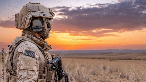 Soldier camouflage uniform with tactical gear, helmet, rifle desert sunset, sky background, military outdoor protective equipment, armed security patrol, vigilant defense, combat mission