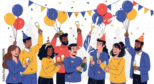 A joyful and diverse group of friends celebrating a special occasion with champagne toasts, colorful balloons, and festive confetti, embodying happiness and success